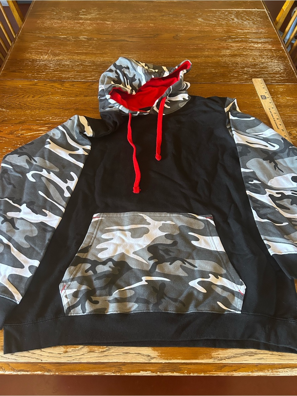 Black Hoodie with Gray Camo Sleeves and Red Lining